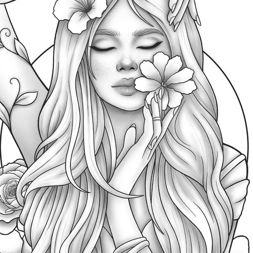 Printable Coloring Page Fantasy Character Girl Floral Coloring Nation