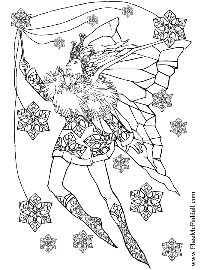 Snowflake Fairy to color Black and White coloring and craft pages.  www.pheemcfaddell.com