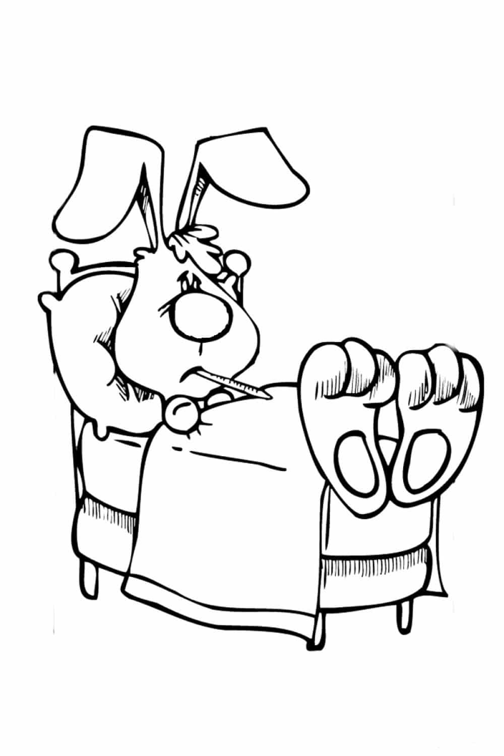Sick rabbit lying in bed coloring page