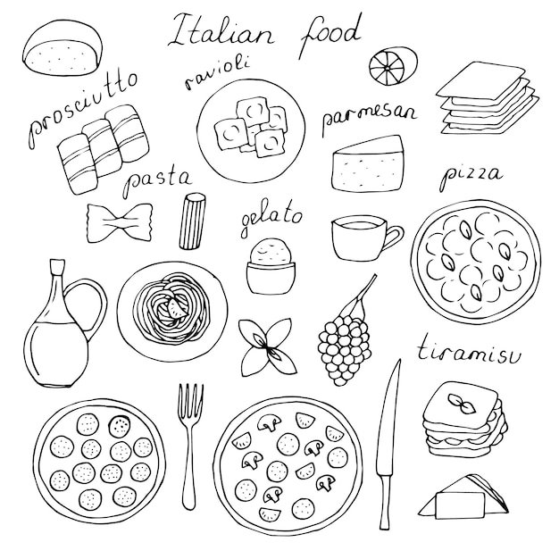 Premium Vector | Italian food set vector illustration, hand drawing doodles