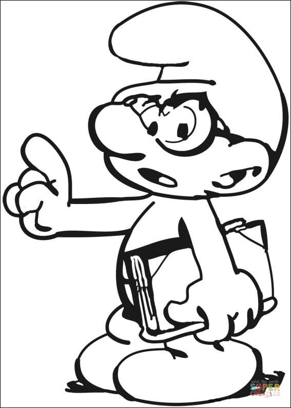 Brainy Smurf with a book coloring page | Free Printable Coloring Pages