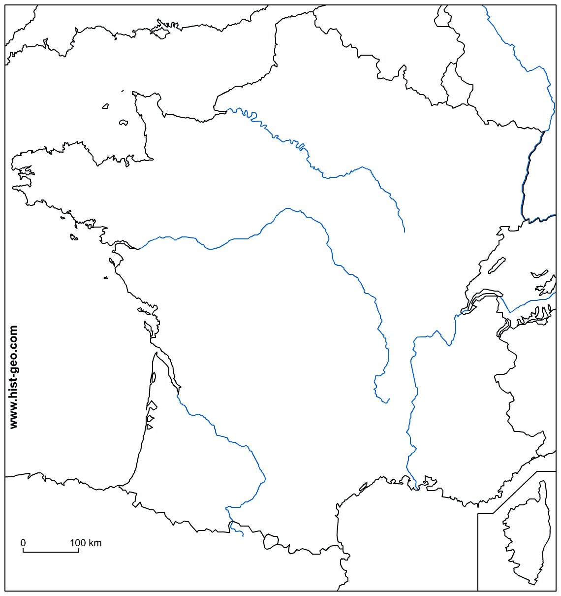 Blank map of France with rivers