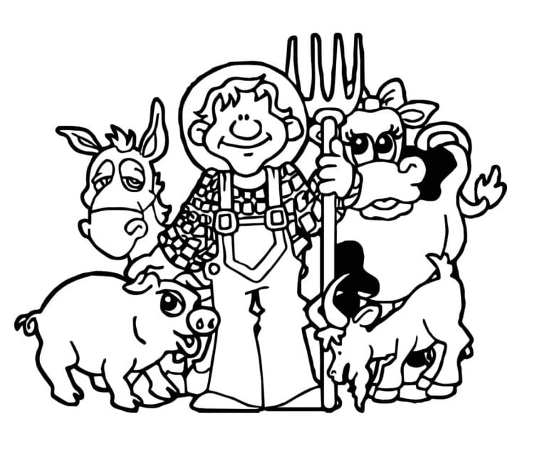 Farmer and Animals Coloring Page - Free Printable Coloring Pages for Kids