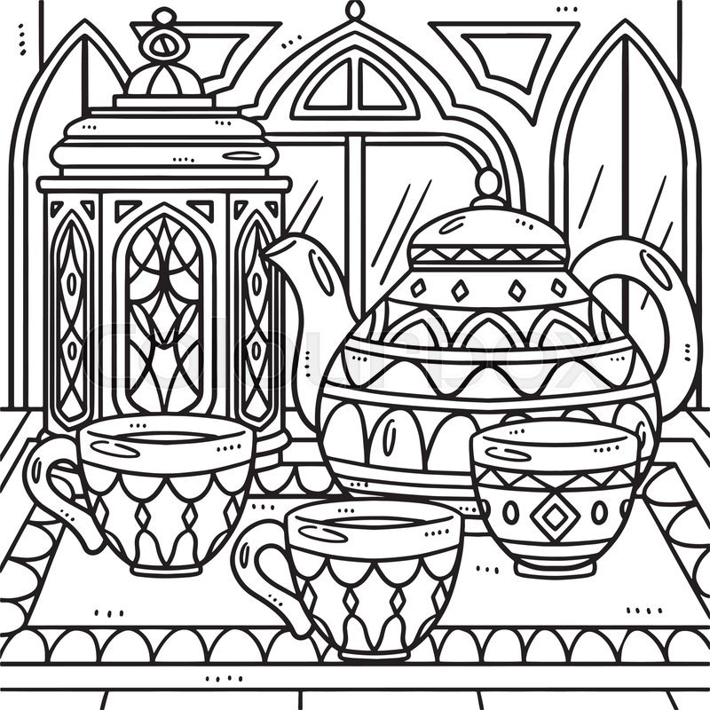 Ramadan Lantern and Tea Set Coloring Page for Kids | Stock vector |  Colourbox
