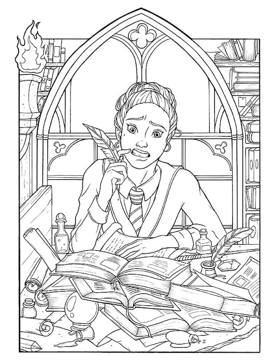 Witch in Library Studying With Books A Halloween Coloring - Etsy Sweden