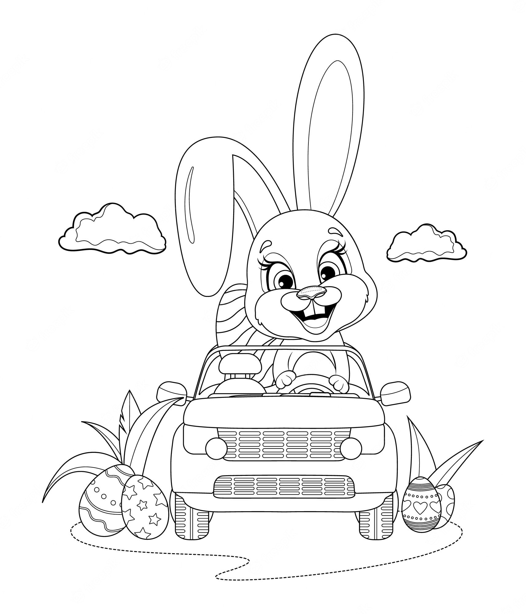 Premium Vector | Coloring page a cute and funny bunny with easter eggs is  driving a car