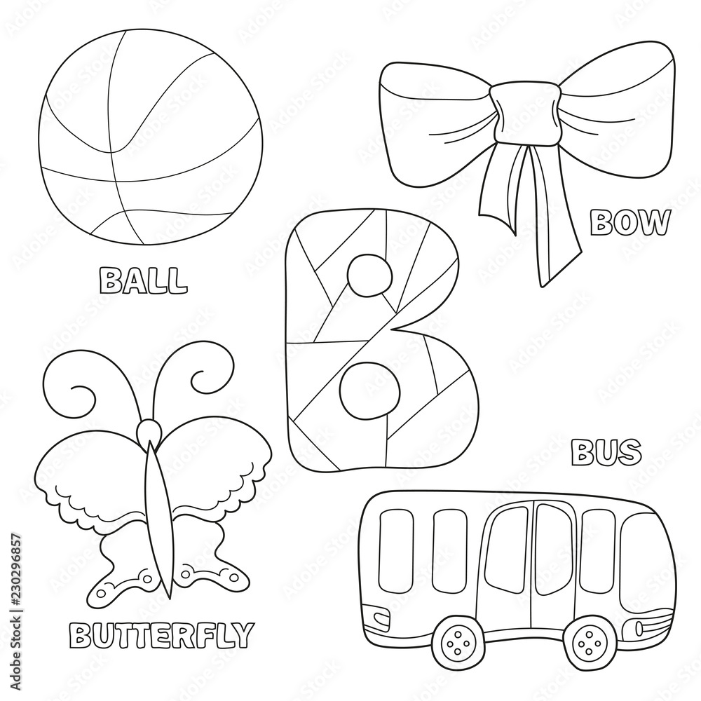 Kids alphabet coloring book page with outlined clip arts to color. Letter B.  Bus, ball, bow, butterfly. Hand drawn outline cartoon character and letter  for childrens typeface Stock Vector | Adobe Stock
