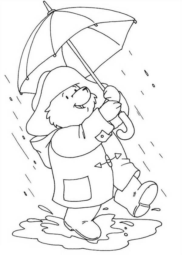 Paddington Bear Walking Around on Rainy Day Coloring Page | Color Luna