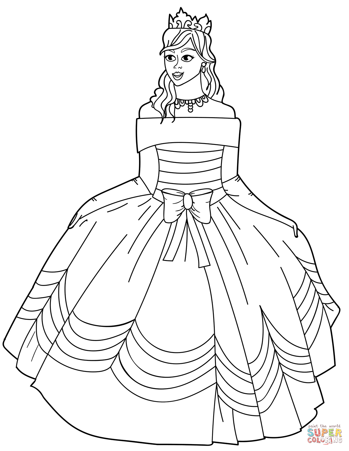 Princess in Ball Gown Off-the-Shoulder Dress coloring page | Free Printable Coloring  Pages