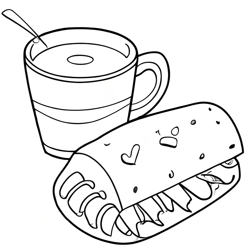 Cup of Coffee and Sandwich Roll Coloring Page · Creative Fabrica