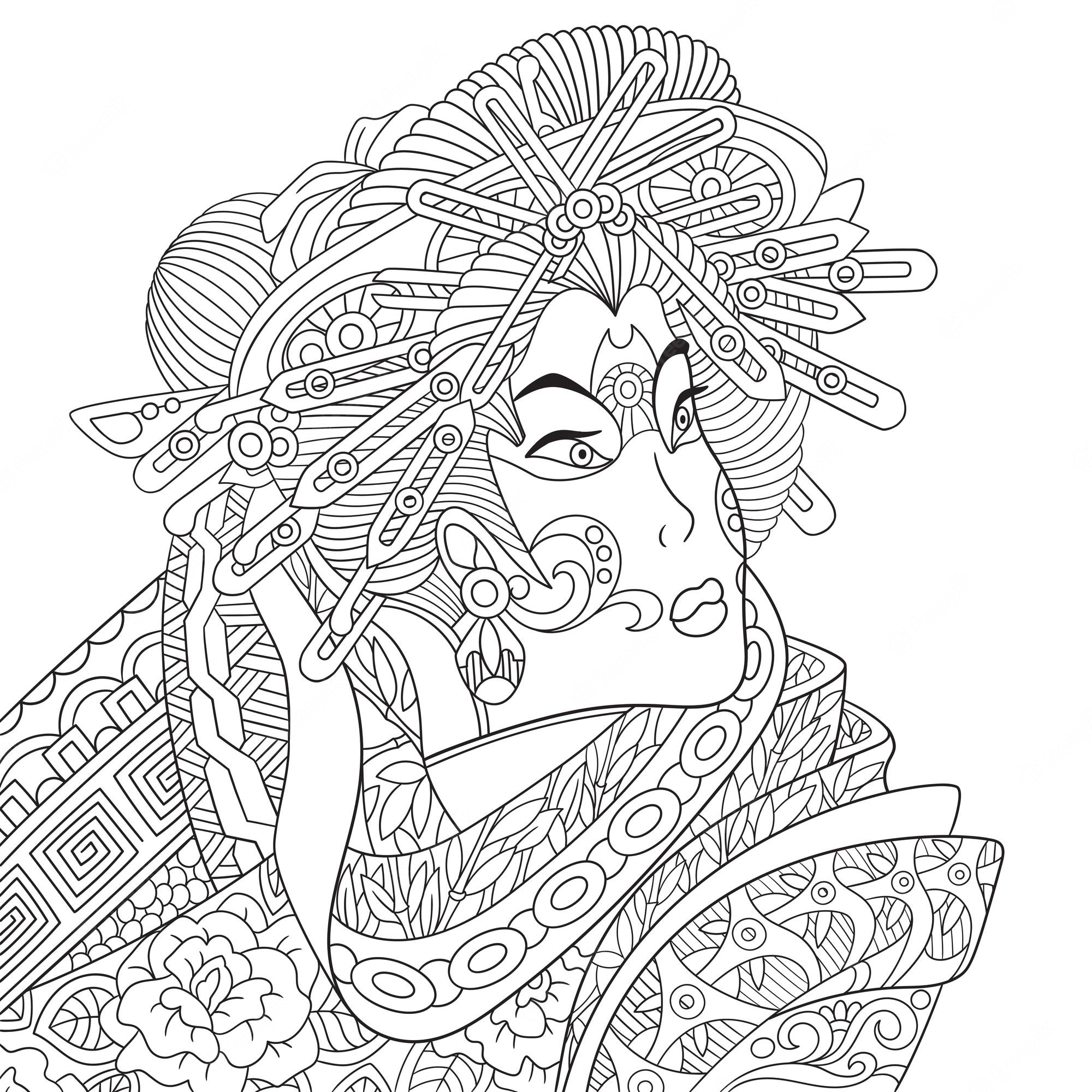 Premium Vector | Geisha woman. zentangle colouring illustration. line art  design for adult coloring book page.