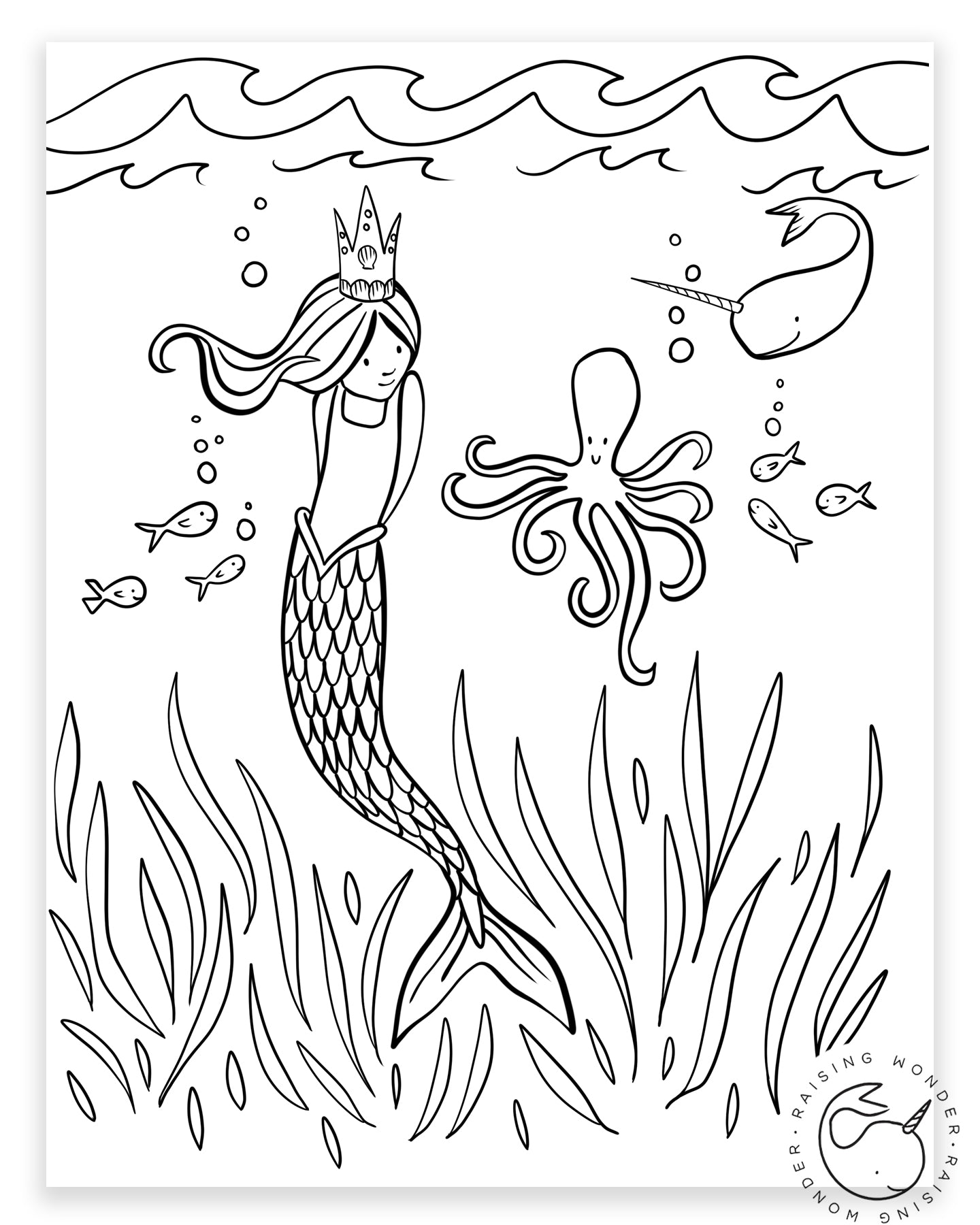 Single Coloring Page-Mermaid and Octopus – Sarah Jane Studios