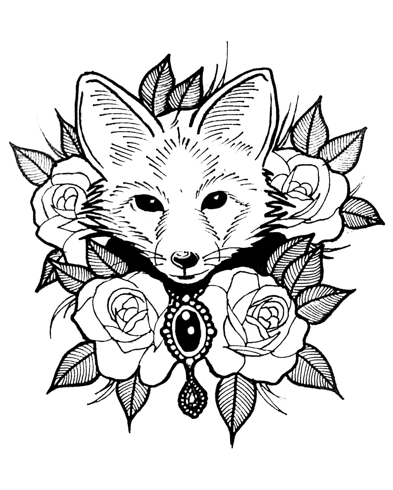 Cute fox with roses - Foxes Adult Coloring Pages