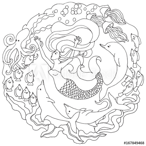 Decorative element with mermaid, dolphins, fish, algae. Black and white  vector illustration for coloring pages or other. - Buy this stock vector  and explore similar vectors at Adobe Stock | Adobe Stock