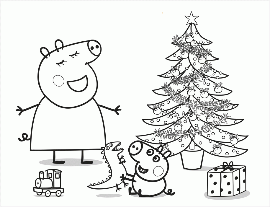 Mammy Pig, George and a Christmas Tree with Gifsts - Peppa Pig Christmas Coloring Pages