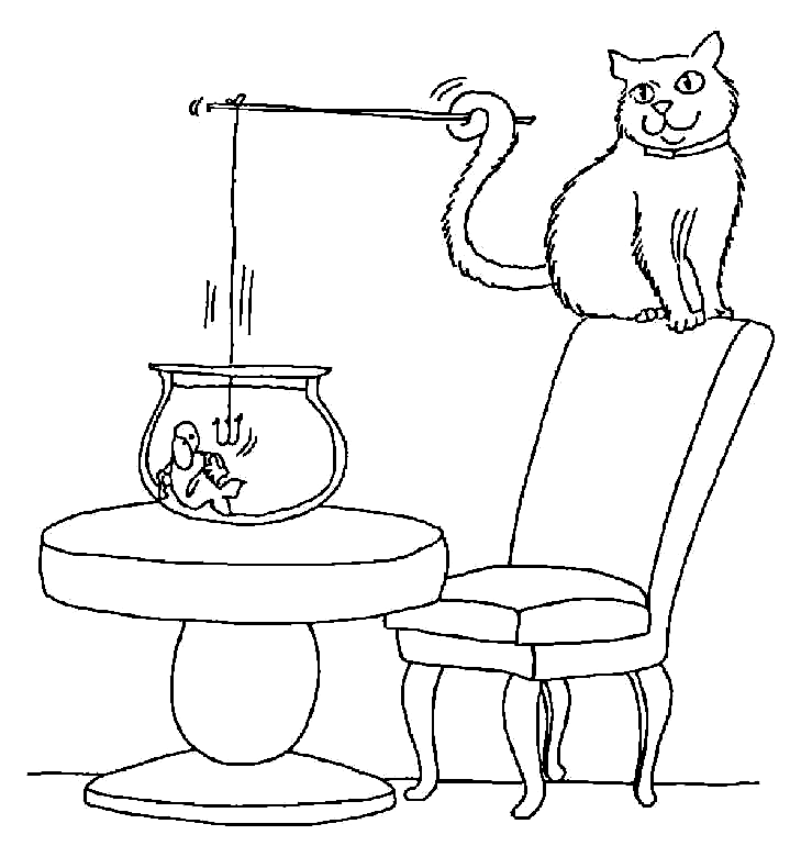 Cat Fishing in Aquarium Coloring Page | Kids Coloring Page