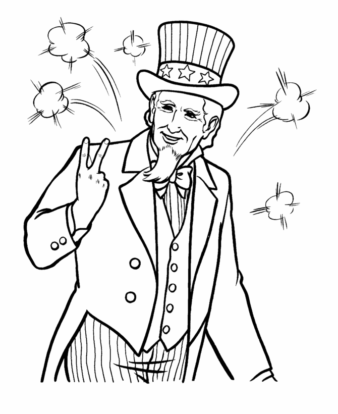 July 4th Coloring Pages - Uncle Sam flashes "V" for Victory 