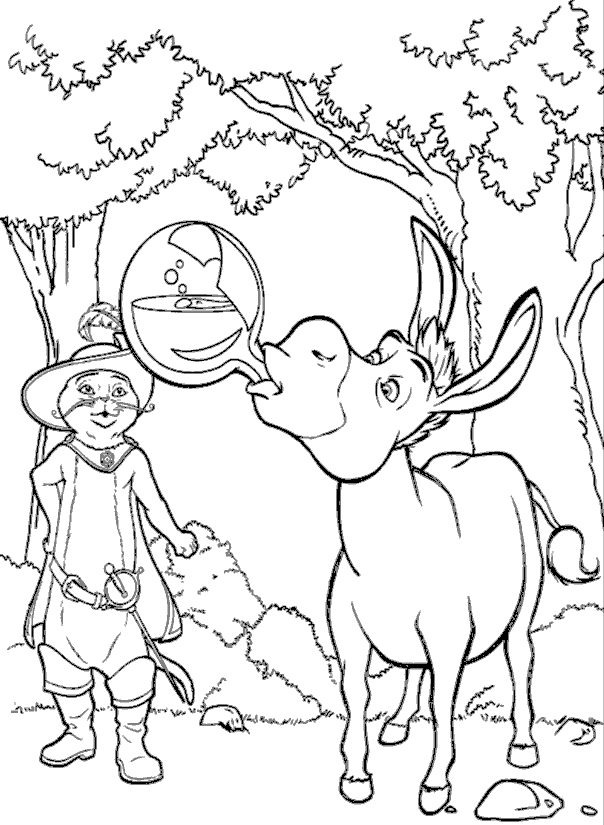 coloring books Shrek - Donkey and Puss in Boots to print and free 