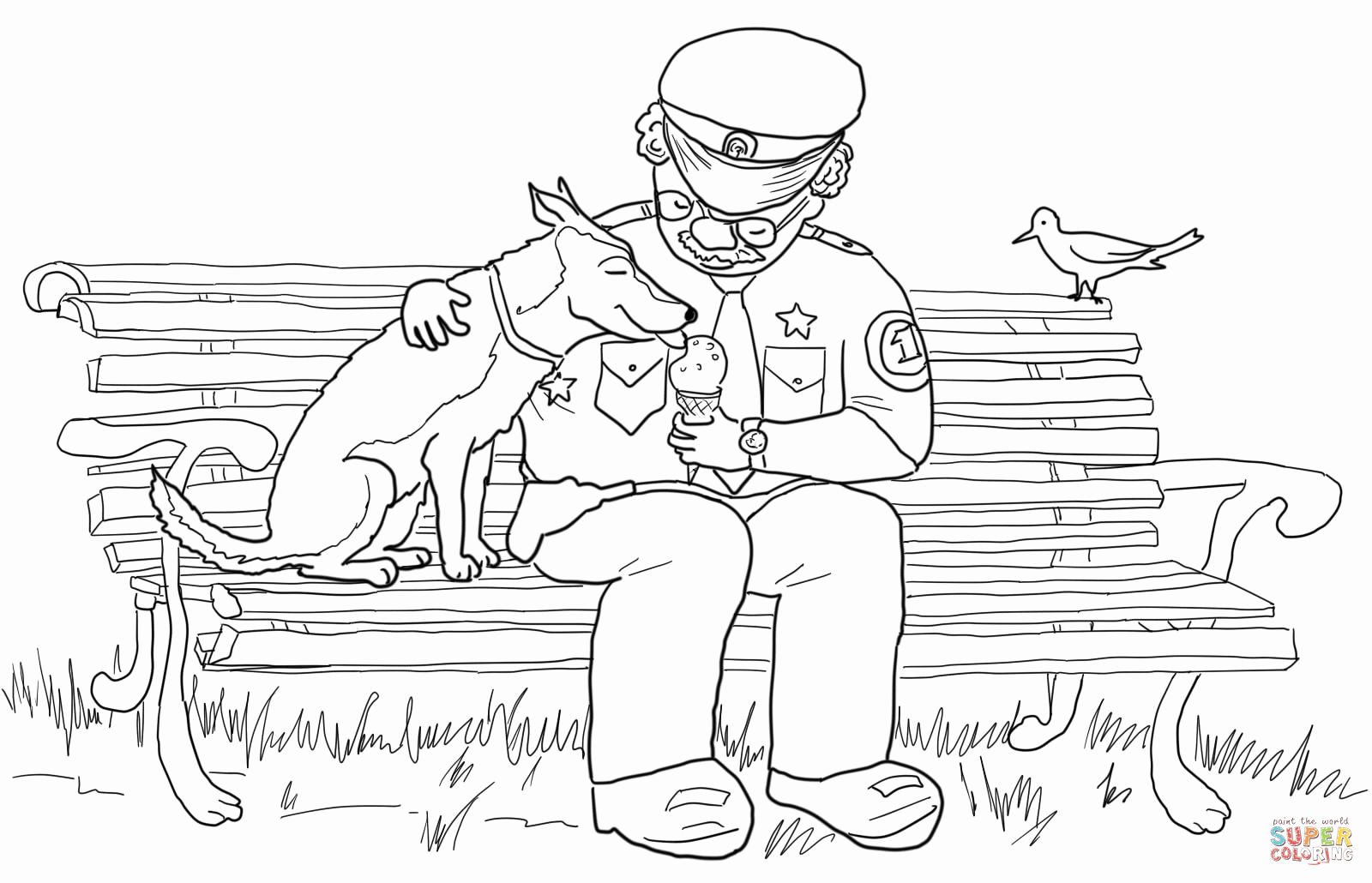 Officer Buckle feeding ice cream to gloria the dog at the park coloring page