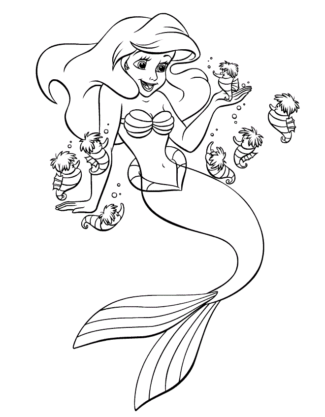 Ariel and Sea-Horses Coloring Pages | Coloring