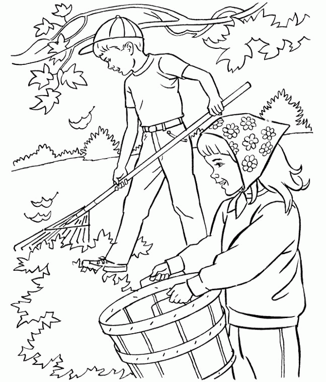Two Kids Clean The Leaves On Autumn Coloring Pages - Autumn/Fall 