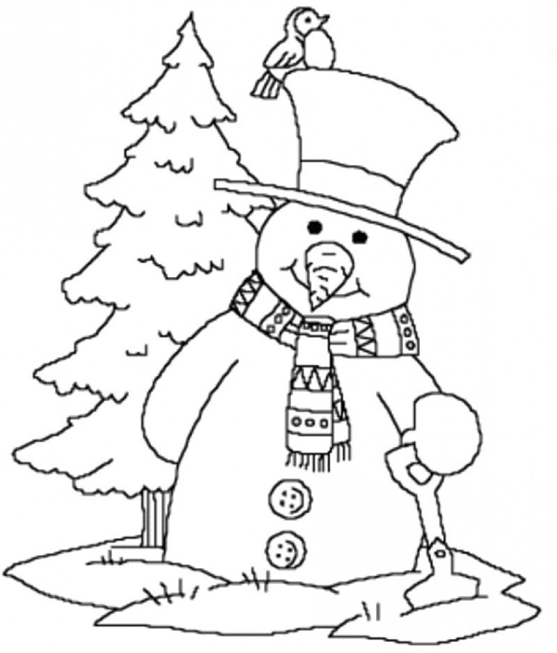 Snowman Near Merry Christmas Coloring Page - Kids Colouring Pages