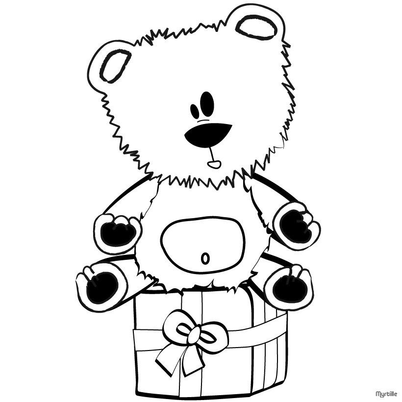 Teddy bear on gift box coloring pages - Hellokids.com