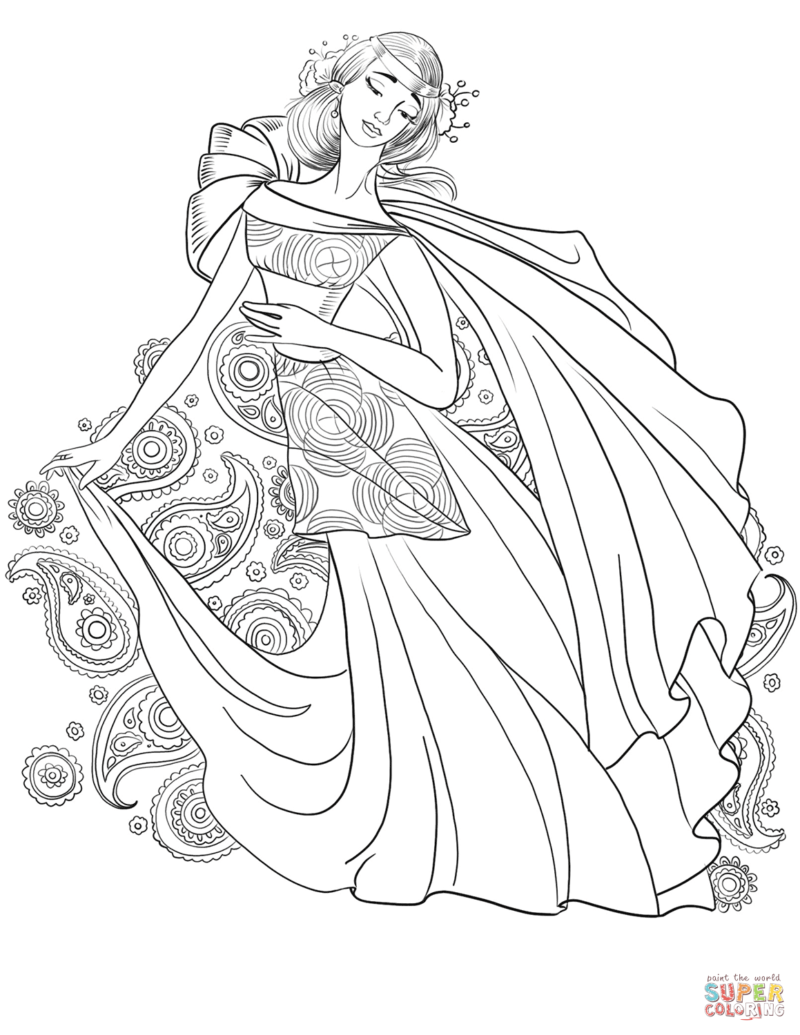 Lady from 70's with Paisley Motif coloring page | Free Printable Coloring  Pages