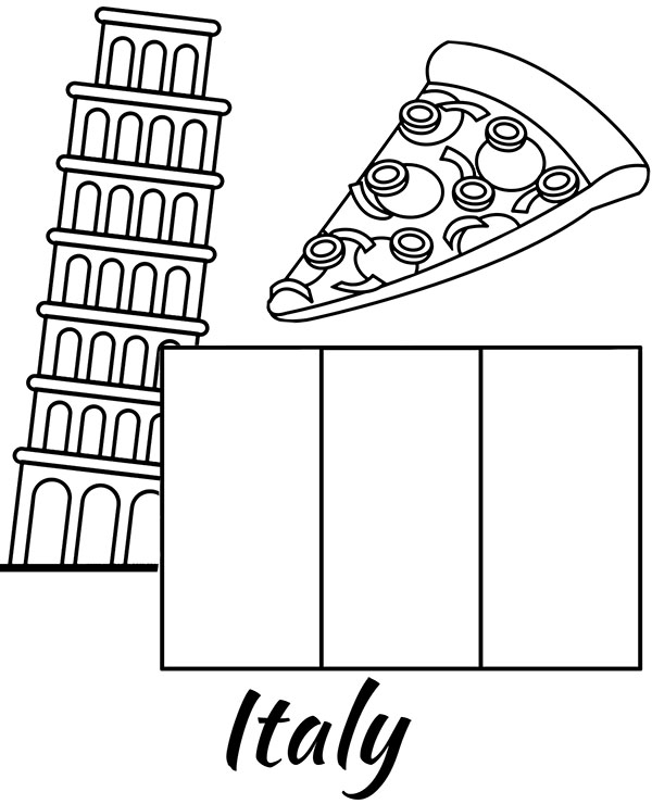Flag Italy coloring page, sheet for children tower of Pisa