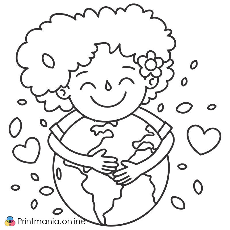 Online coloring page: Joyful girl and Earth, printable, free to download  for kids