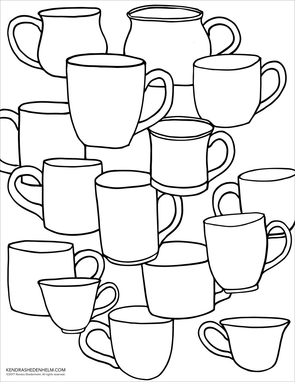 Free Coloring Page of Mugs and Cups for coloring and decorating. Copyright  2019 Kendra Shedenhelm — Kendra Shedenhelm