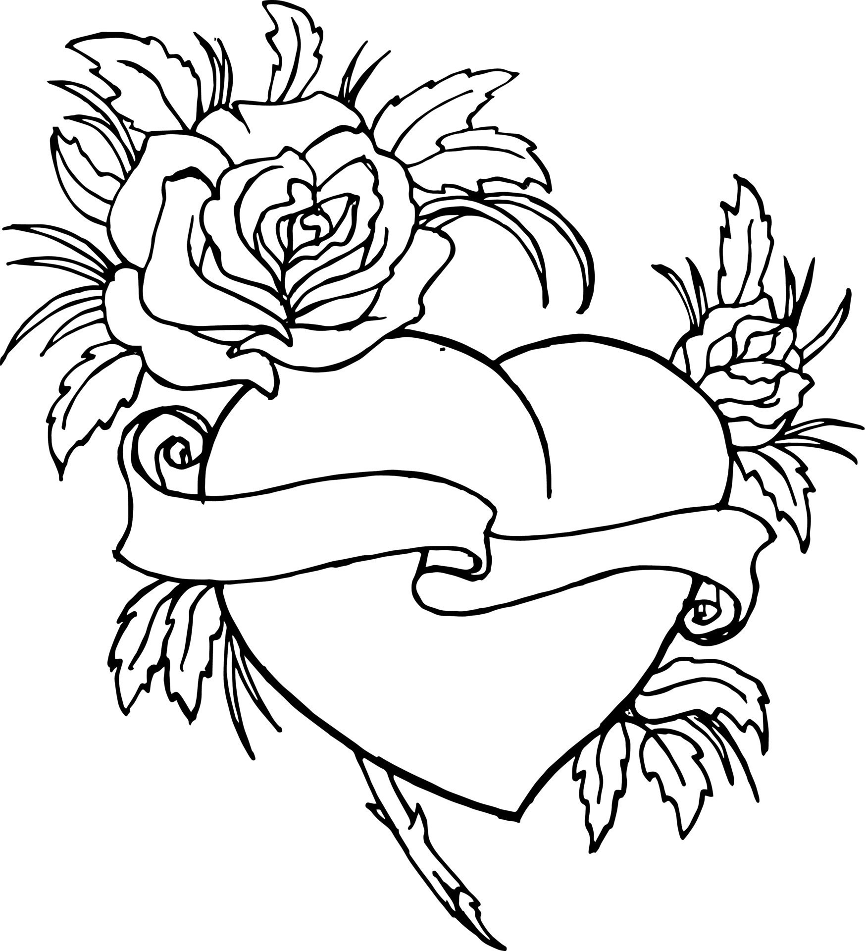 Black And White Illustration, Hand Drawn Heart In Roses With Ribbon ...