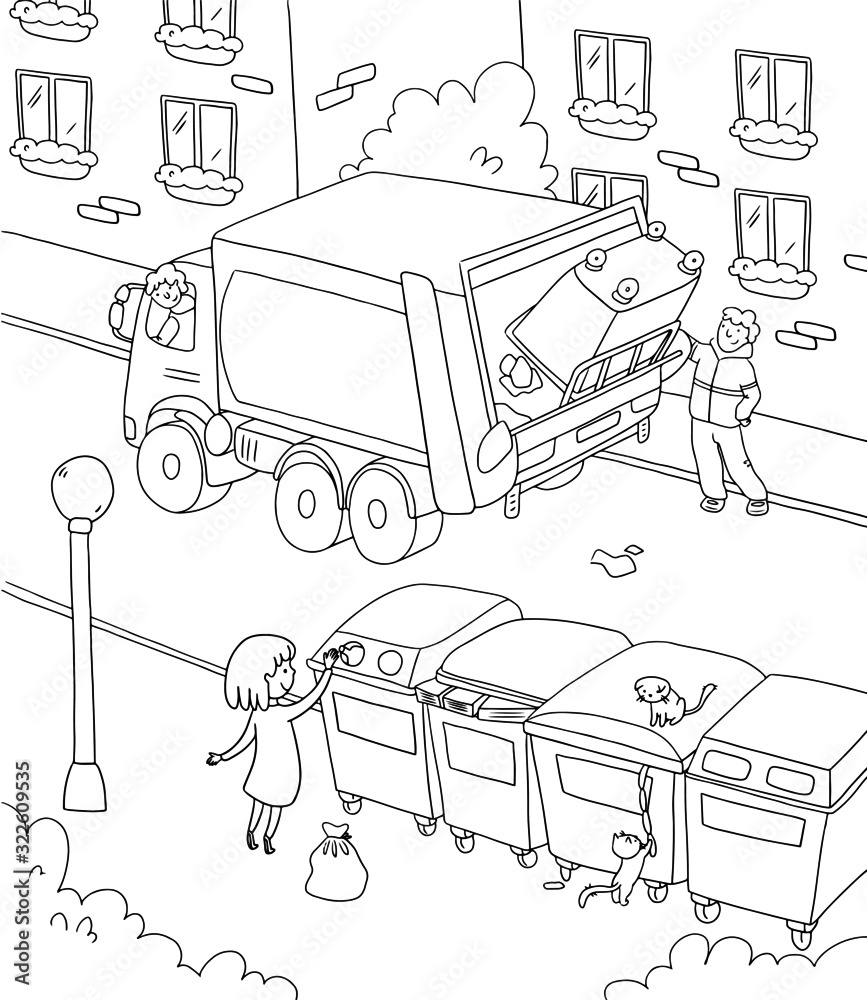 Girl kid taking out litter, garbage sorting to different recycle bins in  the city. Garbage truck picks up trash. Coloring book. line simple drawing.  Stock Vector | Adobe Stock