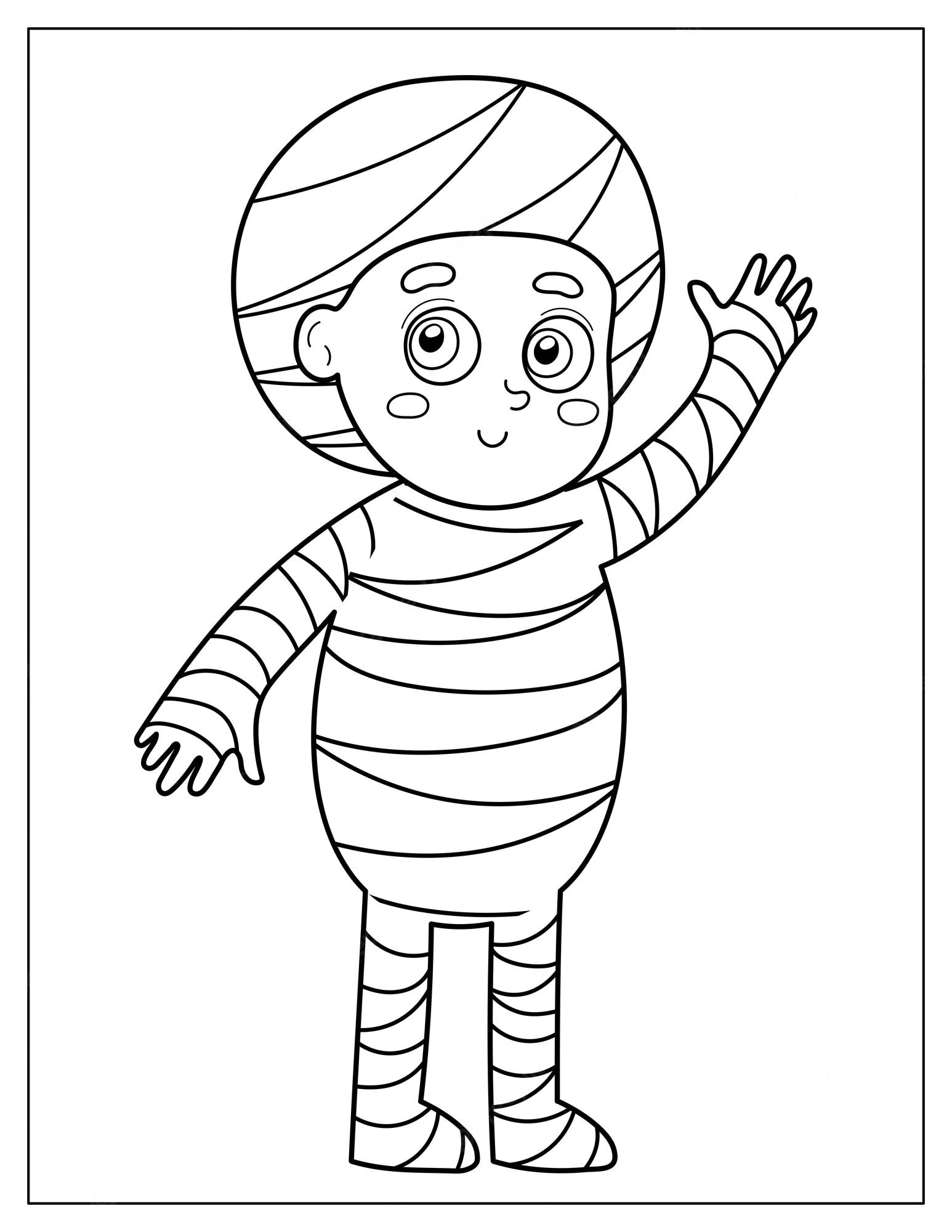 Premium Vector | Boy in mummy costume coloring page for kids. halloween kid  waving hand in cartoon style for coloring