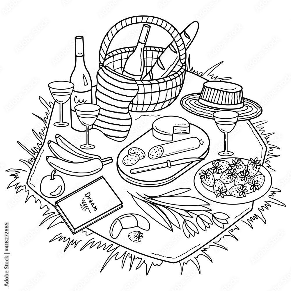 Drawn sketch picnic in nature, lunch on the grass, baguette, wine,  strawberries, cheese and salami. Antistres coloring book for adults,  outdoor recreation Stock Vector | Adobe Stock