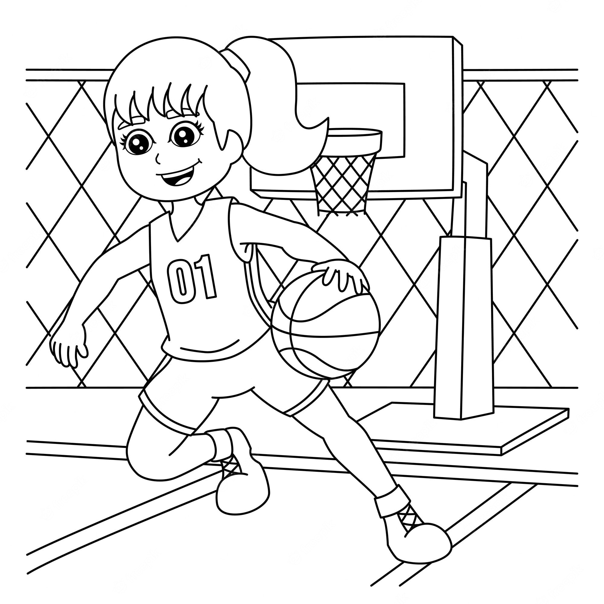 Premium Vector | Girl playing basketball coloring page for kids