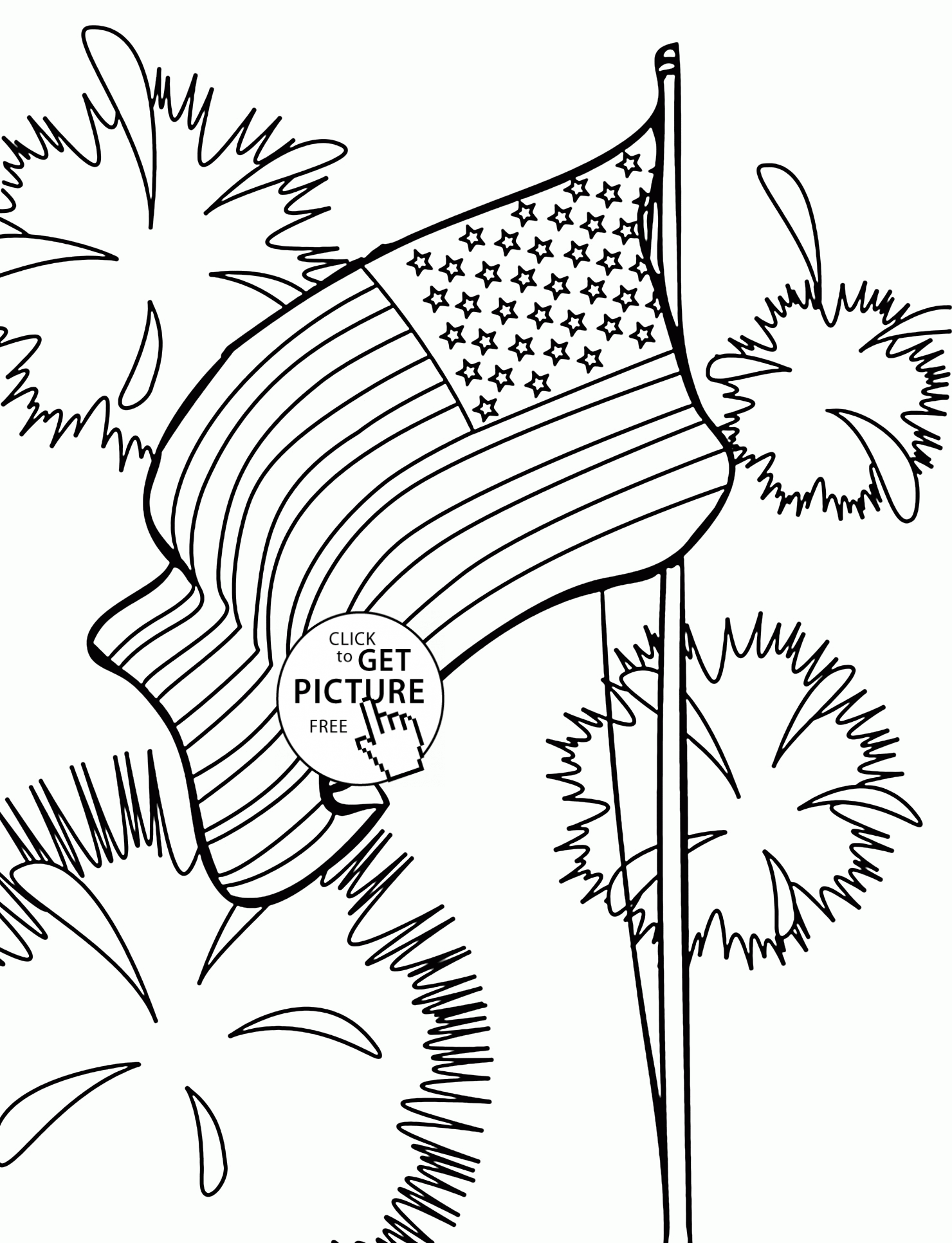 Flag and Fireworks - Fourth of July coloring page for kids ...