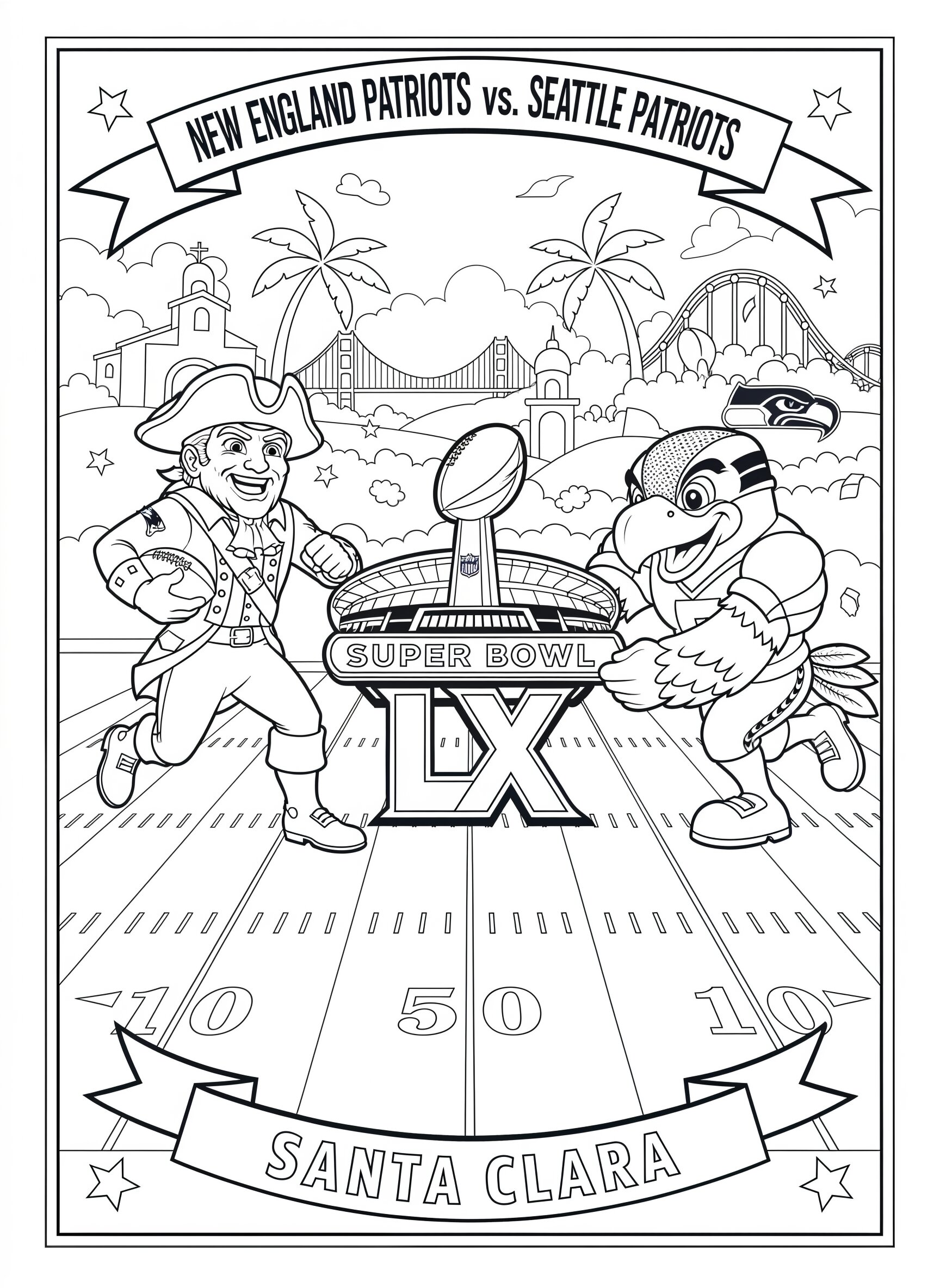 2026 Super Bowl LX Patriots vs Seahawks coloring page