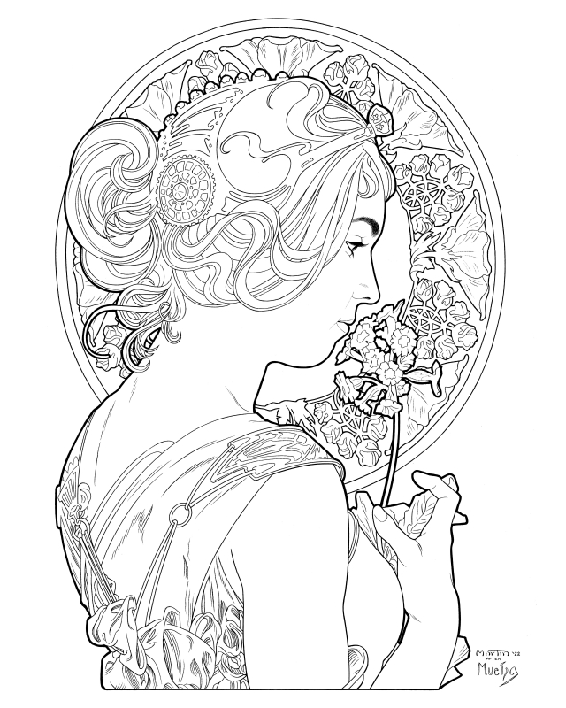 ALPHONSE MUCHA inspired portrait , in Gary Martin's PIN-UPS, SPLASHES, &  COVERS Comic Art Gallery Room