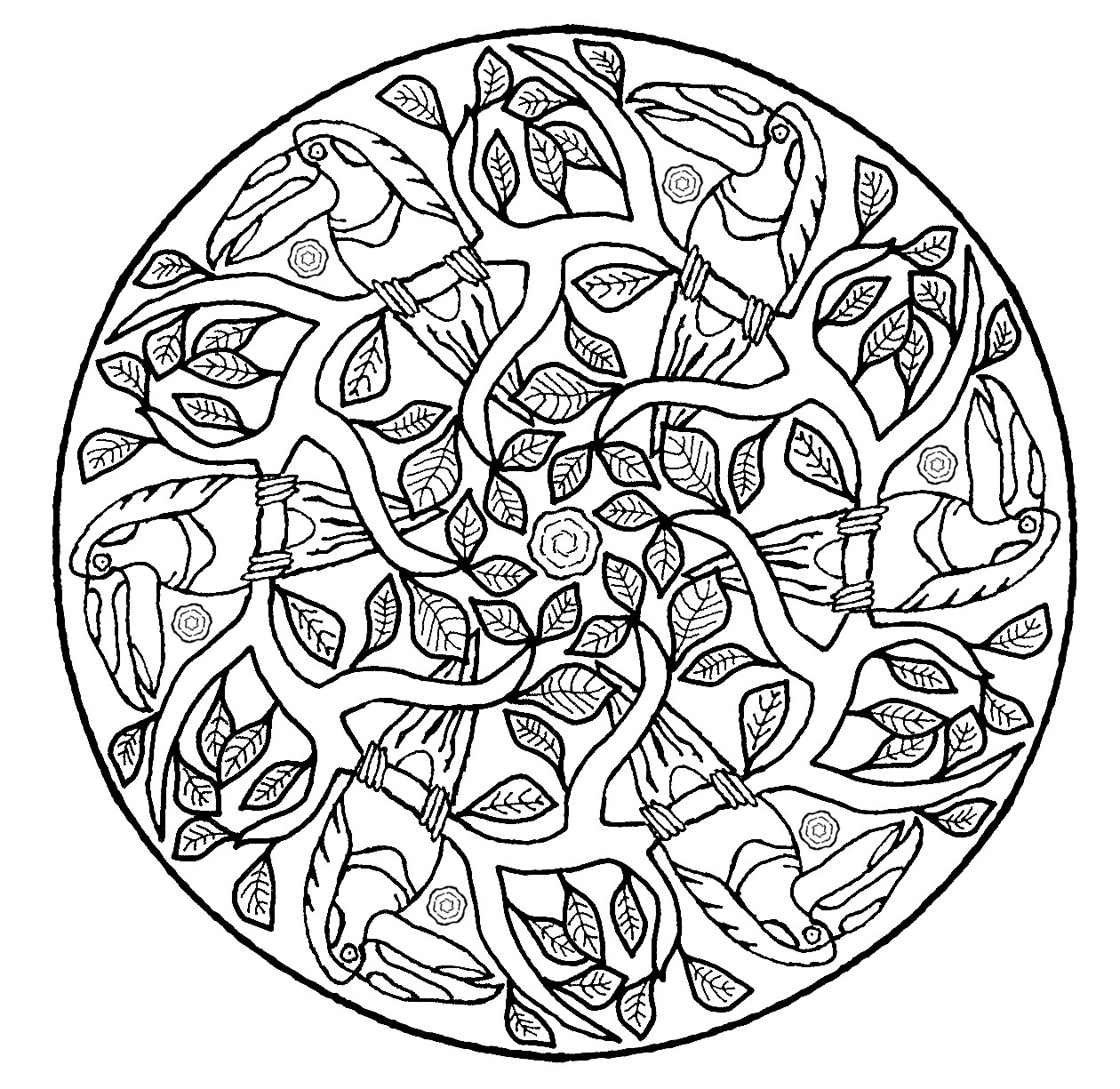 Mandala with tree branches & parrots - Difficult Mandalas (for adults)