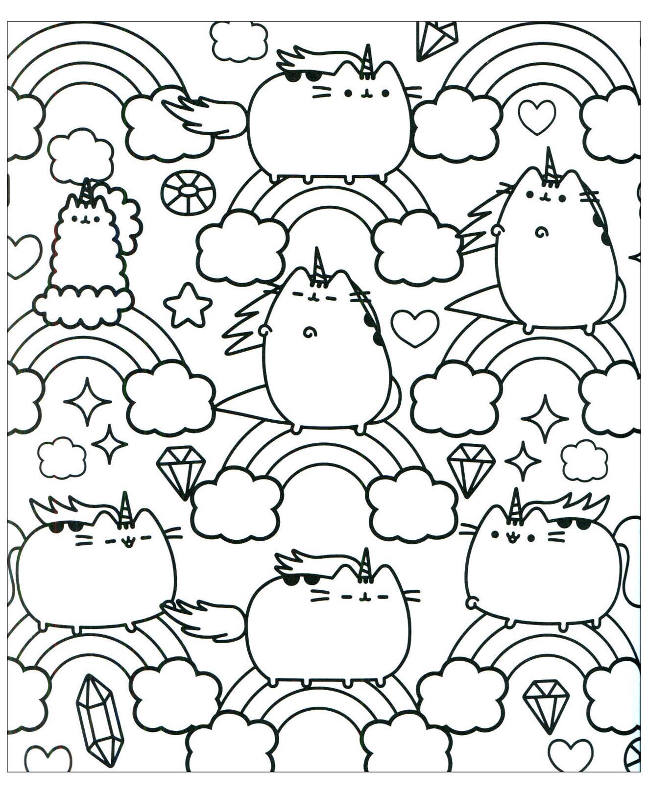 Get This Kawaii Coloring Pages Cute Pusheen Cat and Rainbow !