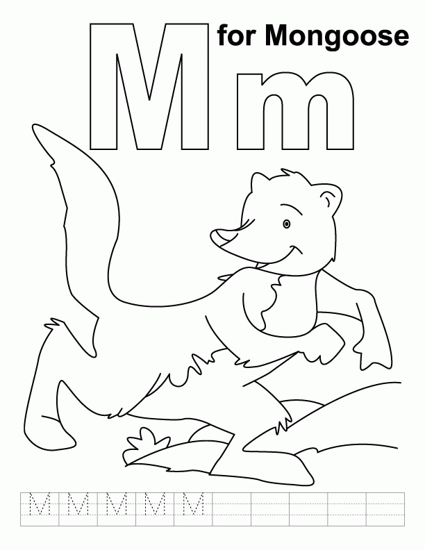 M for mongoose coloring page with handwriting practice | Download 