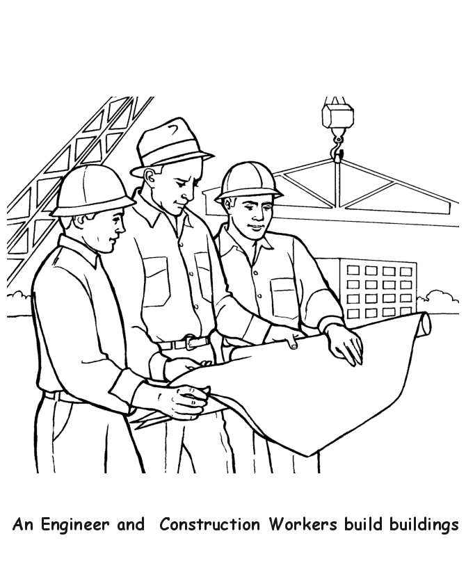 coloring page shows an engineer and construction workers building 