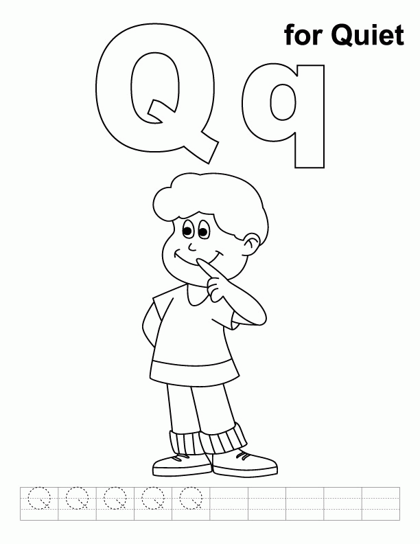 Q for quiet coloring page with handwriting practice | Download 