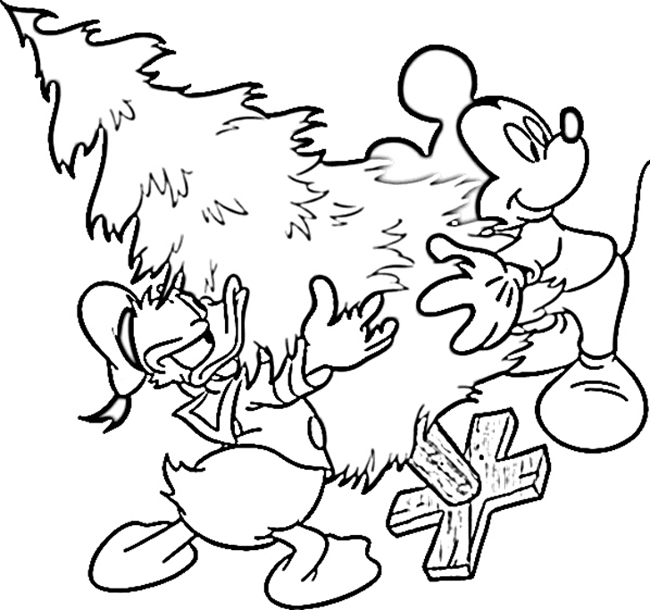 Donald & Micky with Christmas Tree Disney Printable Coloring Pages 