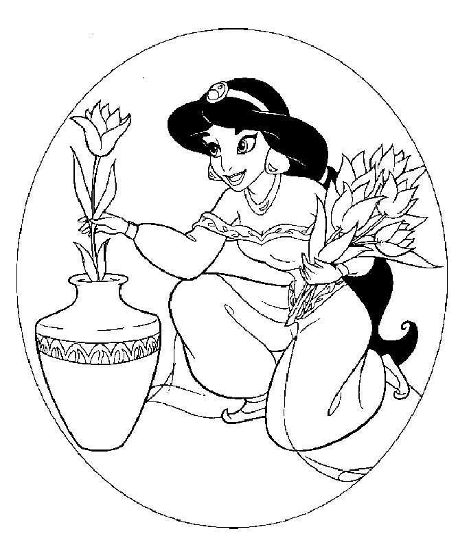 Printable Coloring Sheets of Princess Jasmine and Flowers | Coloring