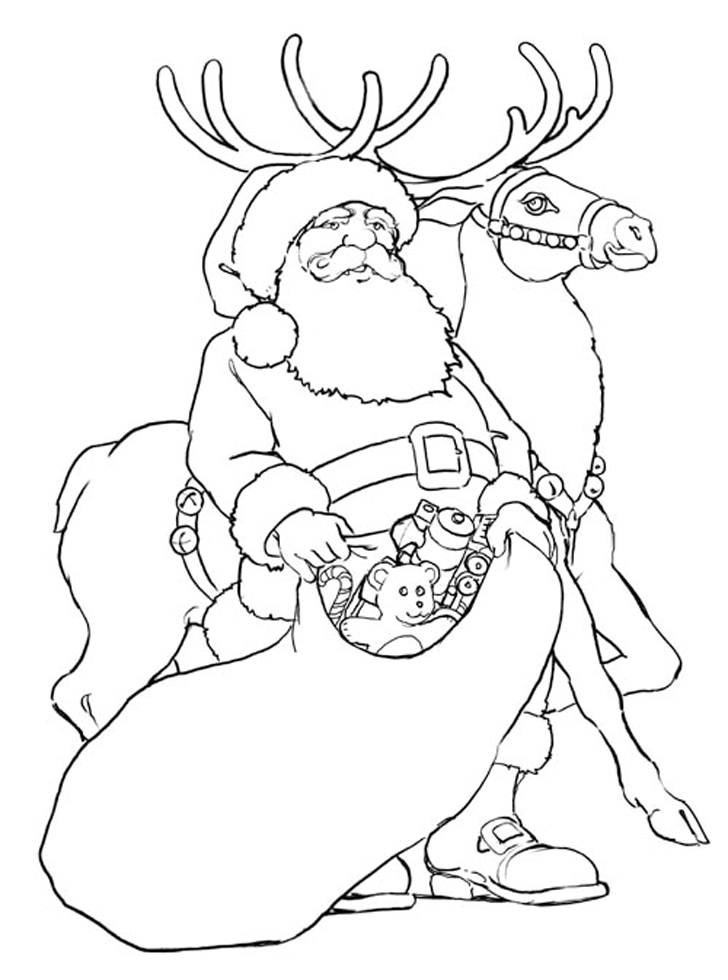 Santa Claus, Rudolph and Christmas Toys Coloring Page for Kids 