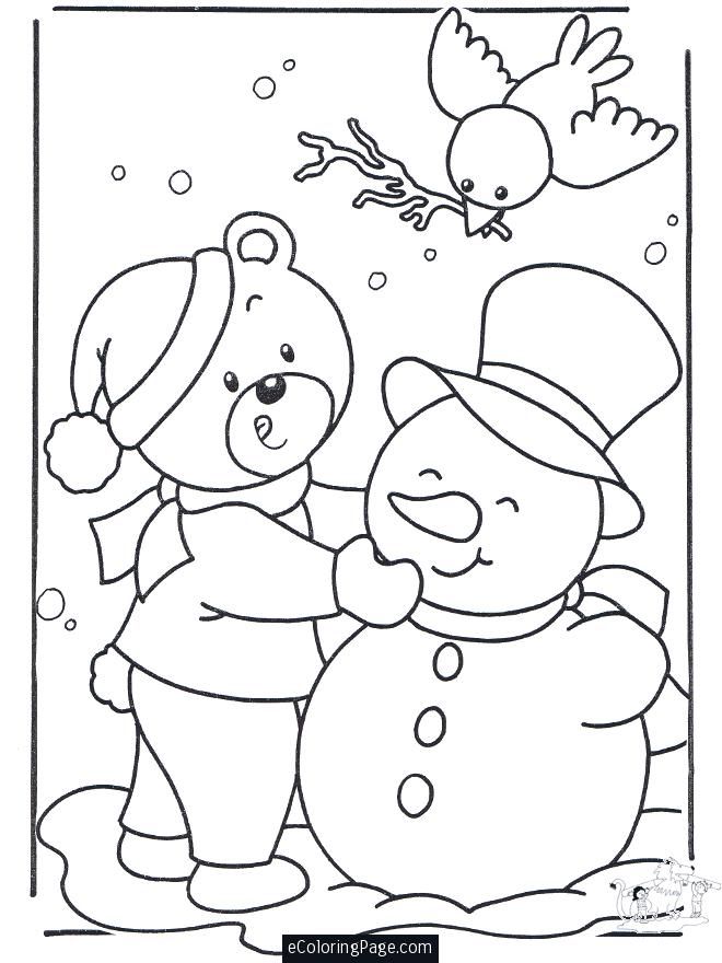 Merry Christmas Bear Birdie and Frosty the Snowman Coloring Page 