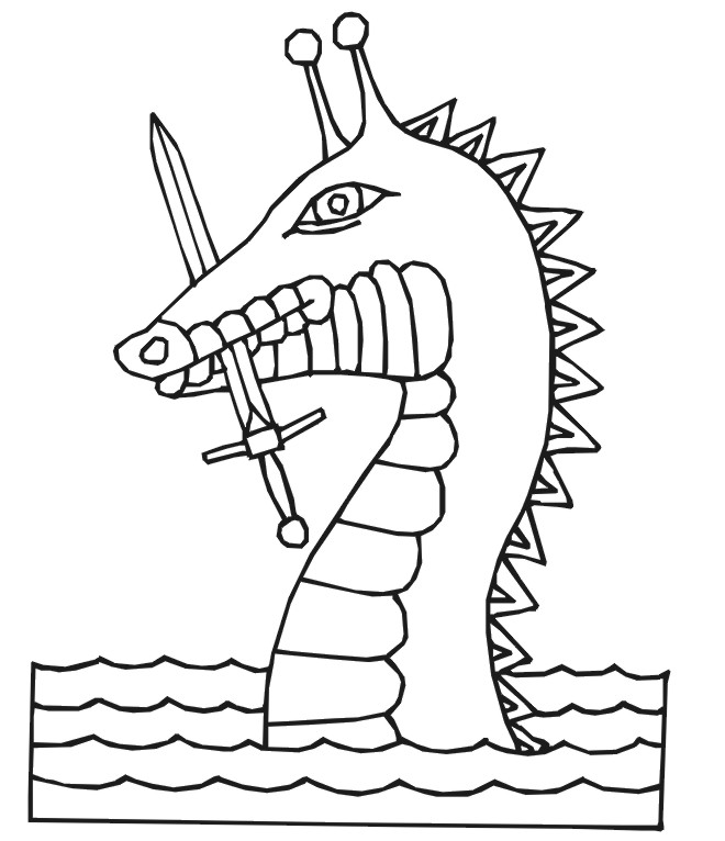 Dragon Coloring Page | Sea Dragon With A Sword In Its Mouth