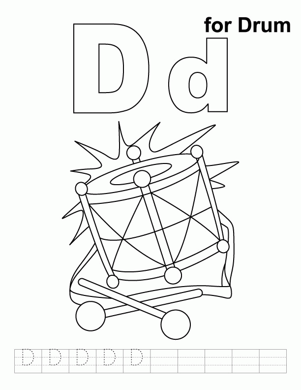 D for drum coloring page with handwriting practice | Download Free 